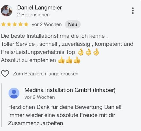 Bewertung von Daniel Langmeier über Medina Installationen GmbH auf einer Plattform.