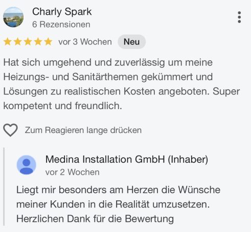 Bewertung einer Heizungs- und Sanitärfirma, positive Erfahrungen und freundlicher Service.