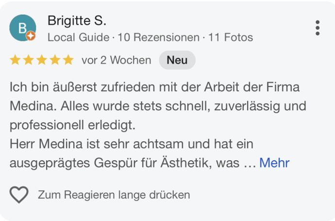 Bewertung über die professionelle Arbeit der Firma Medina von Brigitte S.