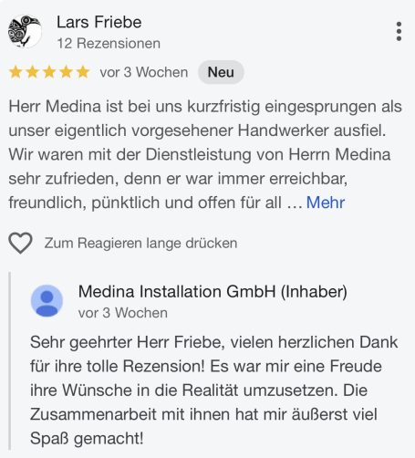 Bewertung von Lars Friebe über die Dienste von Herrn Medina, einschließlich Dank des Unternehmens.